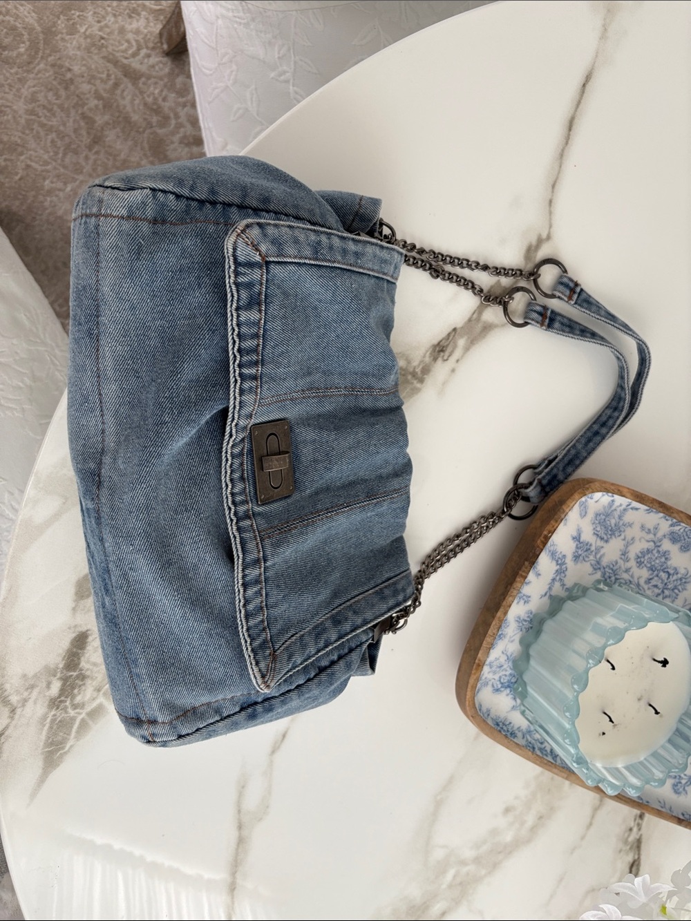 Denim Chain Strap Shoulder Bag - Light Blue